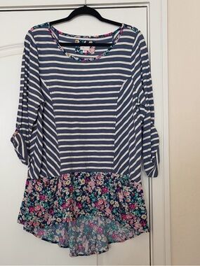 Anthropologie Navy and White Striped Tunic with Floral Hem